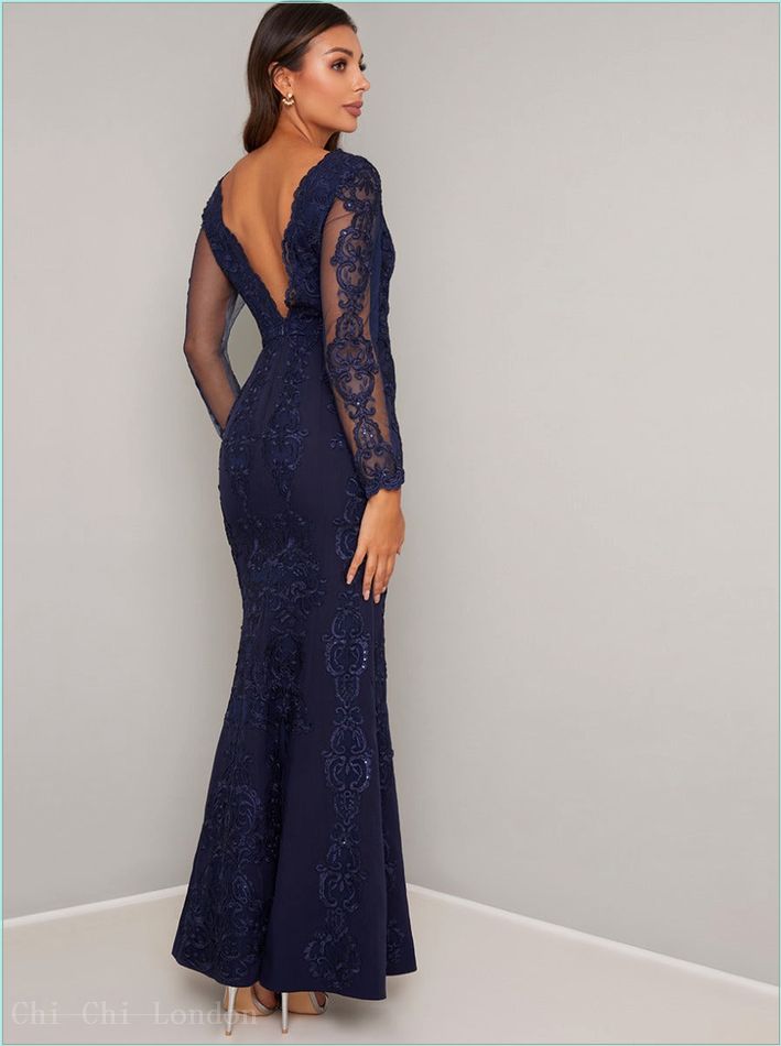  Embroidered Lace Sheer Sleeved Maxi Dress in Blue 80020NB