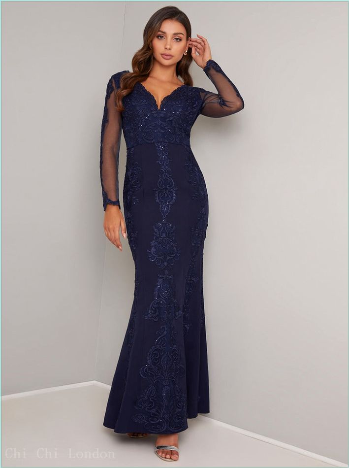  Embroidered Lace Sheer Sleeved Maxi Dress in Blue 80020NB