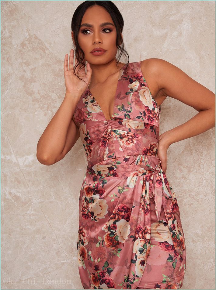  Floral Bodycon Mini Wrap Dress in Pink 1691PI