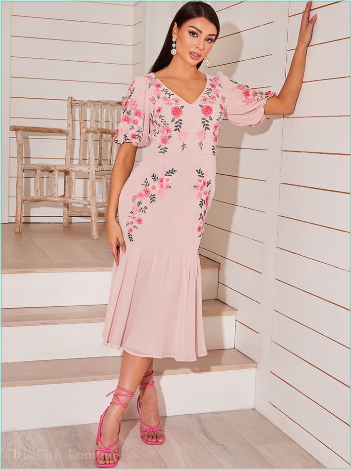  Floral Embroidered Midi Dress in Pink 53276BU