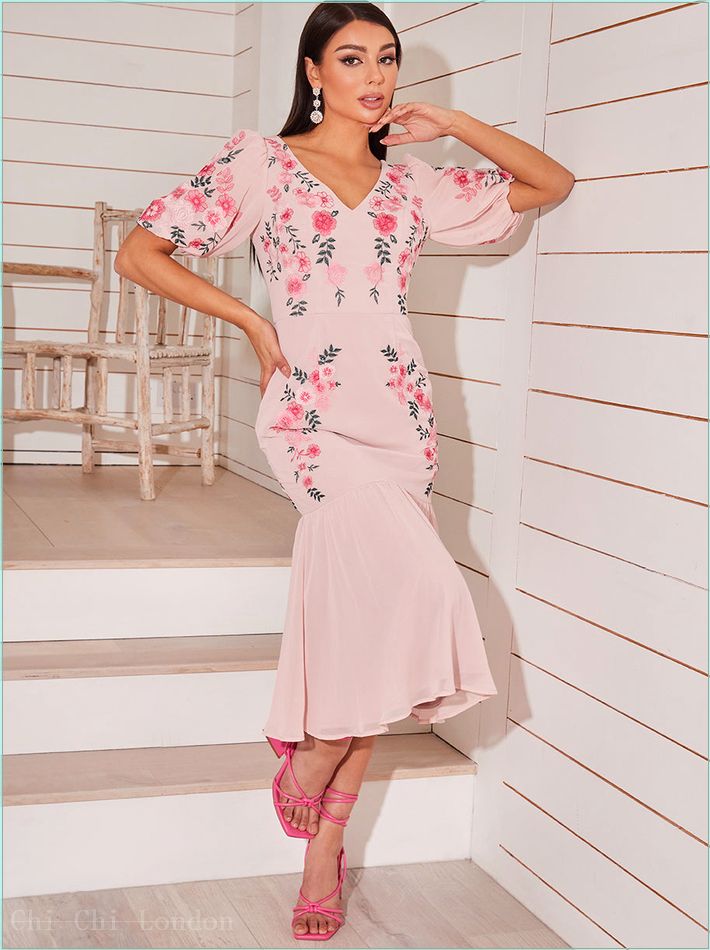  Floral Embroidered Midi Dress in Pink 53276BU