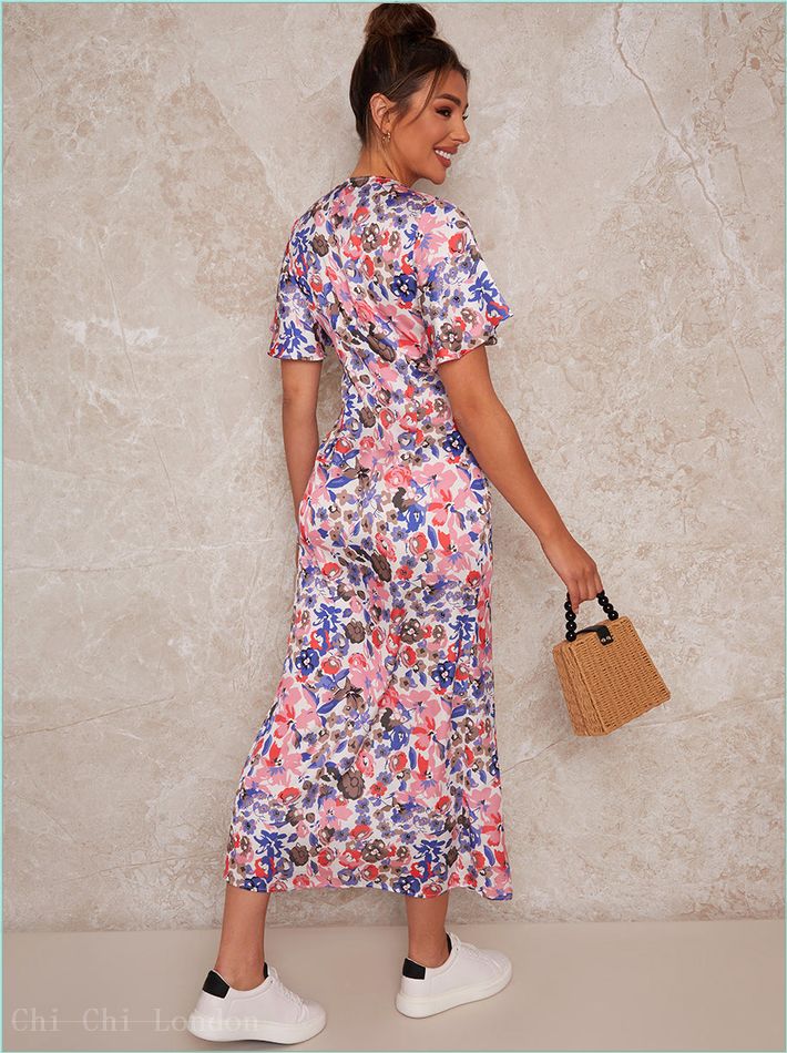  Floral Print Midi Day Dress with Flutter Sleeve in Multi 80653MU