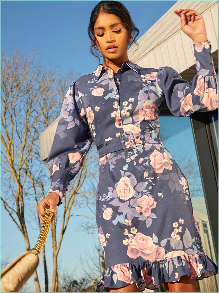  Floral Print Mini Shirt Dress in Navy 71240NB