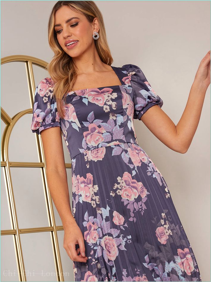  Floral Print Pleated Midi Skater Dress in Navy 20296NB