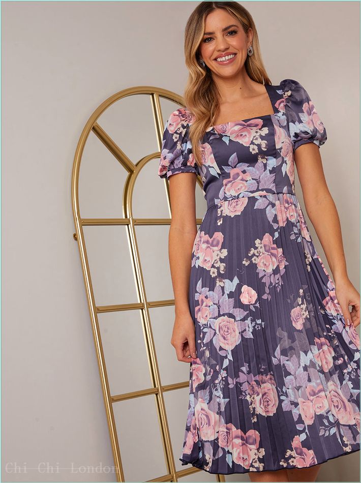  Floral Print Pleated Midi Skater Dress in Navy 20296NB