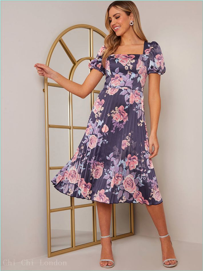  Floral Print Pleated Midi Skater Dress in Navy 20296NB