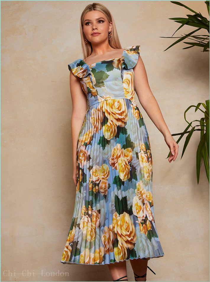  Floral Print Ruffle Pleated Midi Dress in Blue 1643BL