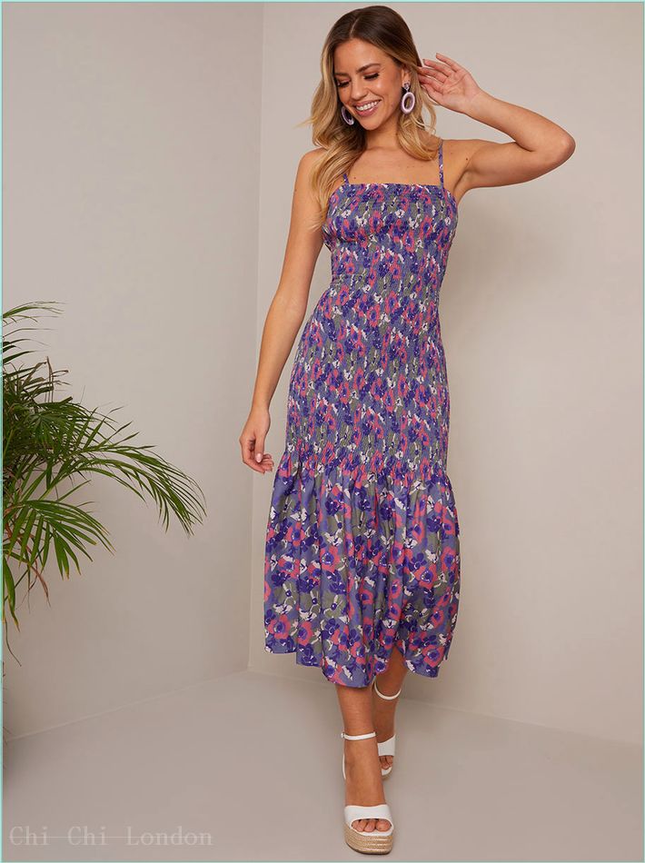  Floral Print Shirred Bodice Midi Dress in Blue 20393MU