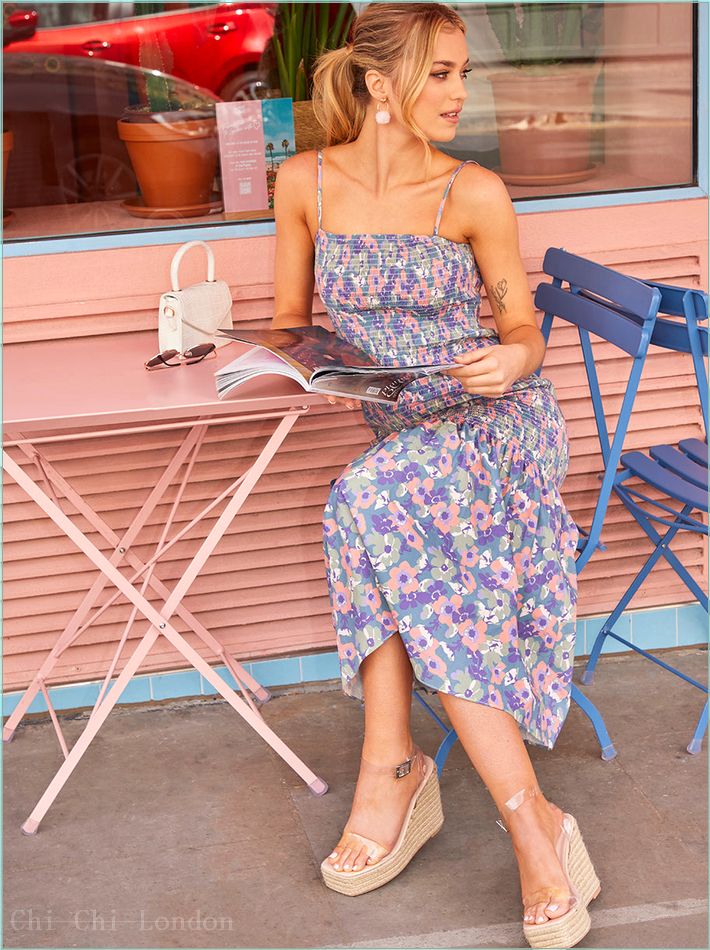  Floral Print Shirred Bodice Midi Dress in Blue 20393MU