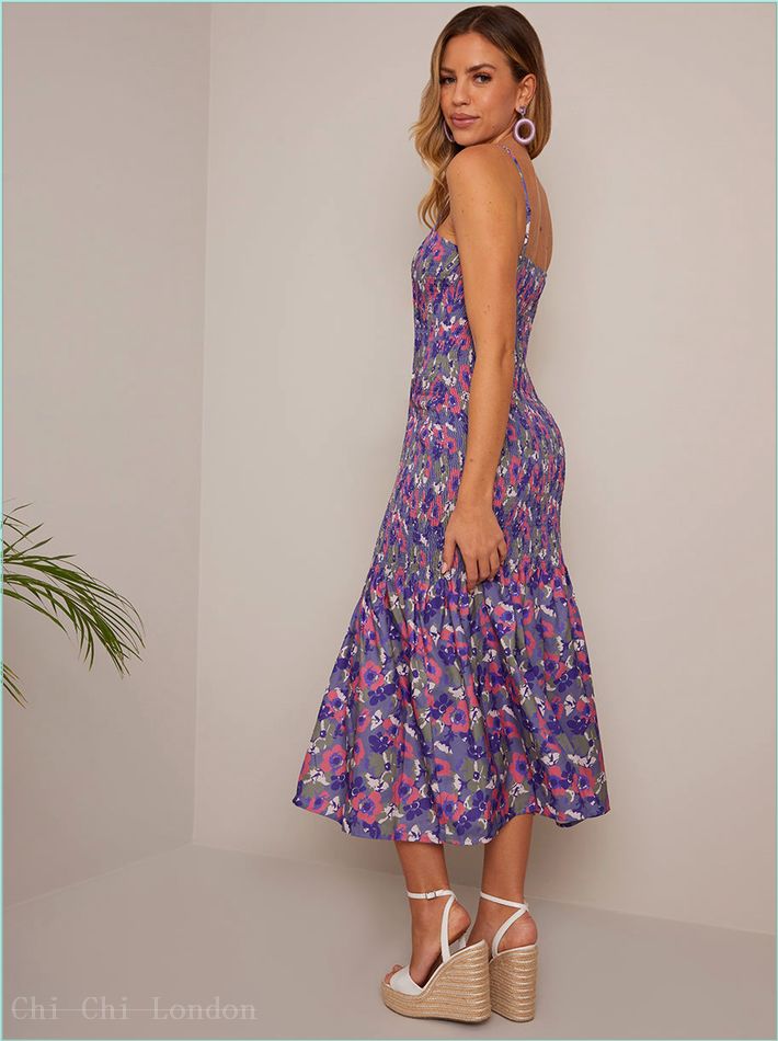  Floral Print Shirred Bodice Midi Dress in Blue 20393MU