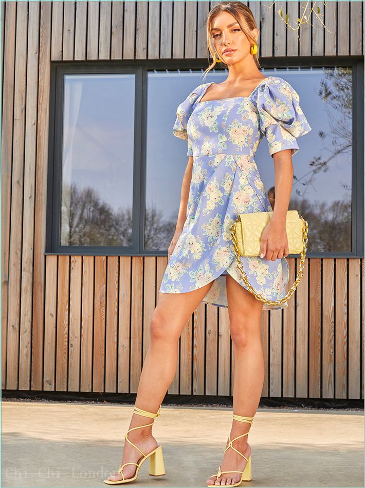  Floral Printed Puff Sleeve Mini Dress in Blue Style2MU