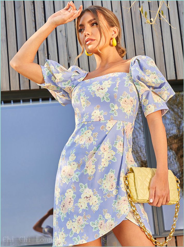  Floral Printed Puff Sleeve Mini Dress in Blue Style2MU