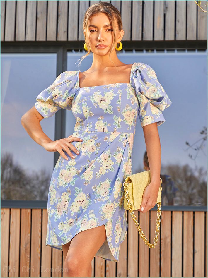  Floral Printed Puff Sleeve Mini Dress in Blue Style2MU