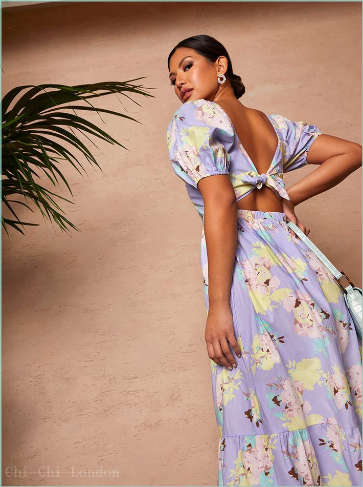  Floral Printed Tie Back Maxi Dress in Blue HC1433DBL