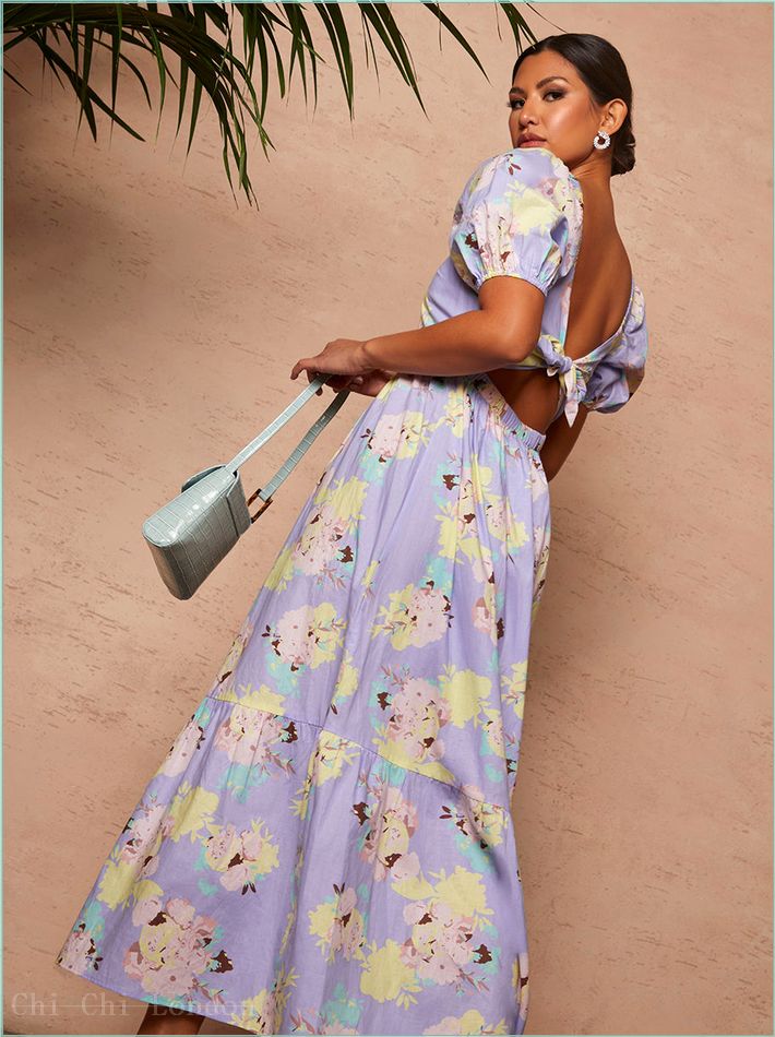  Floral Printed Tie Back Maxi Dress in Blue HC1433DBL