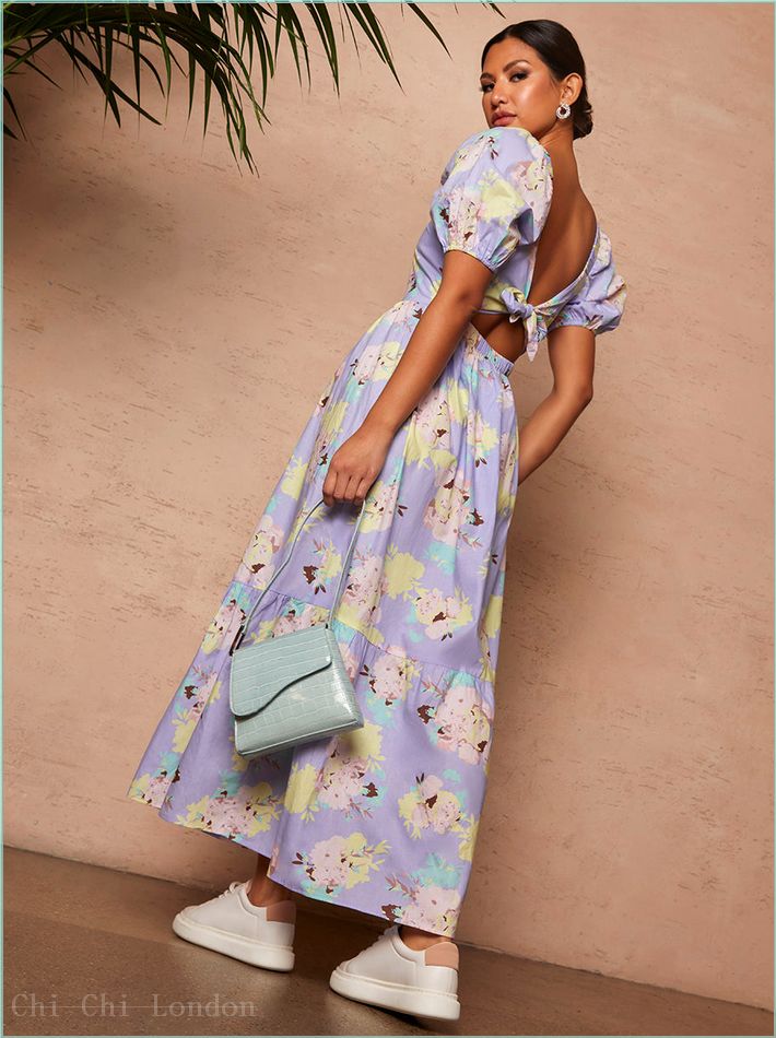  Floral Printed Tie Back Maxi Dress in Blue HC1433DBL