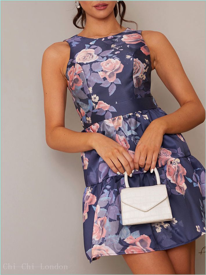  Floral Printed Tiered Skirt Mini Dress in Navy 71256NB