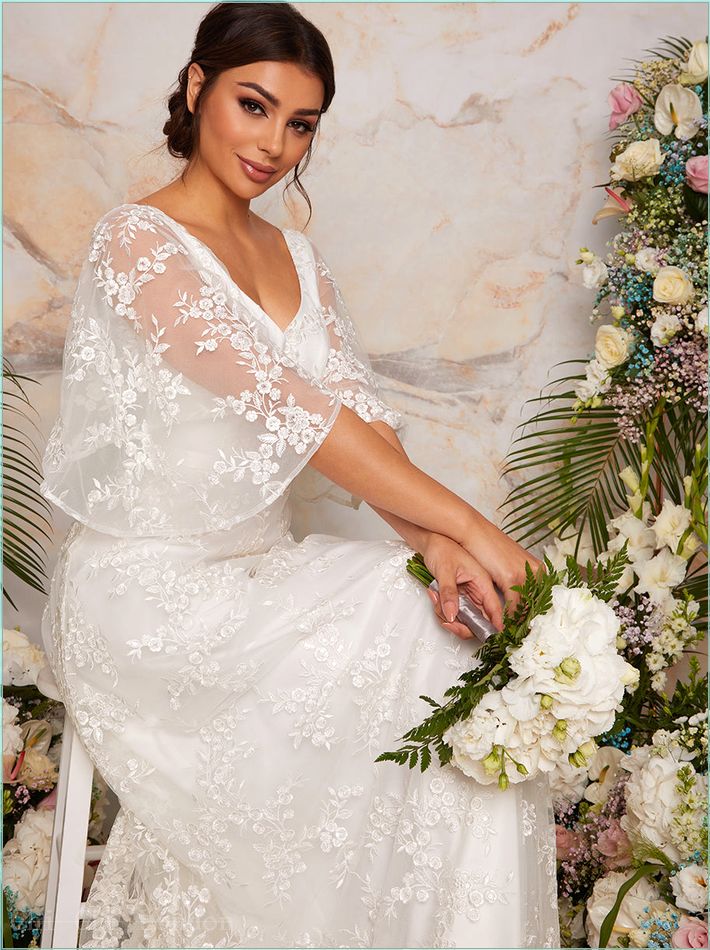  Flutter Sleeve Backless Lace Wedding Dress in White 71103WH