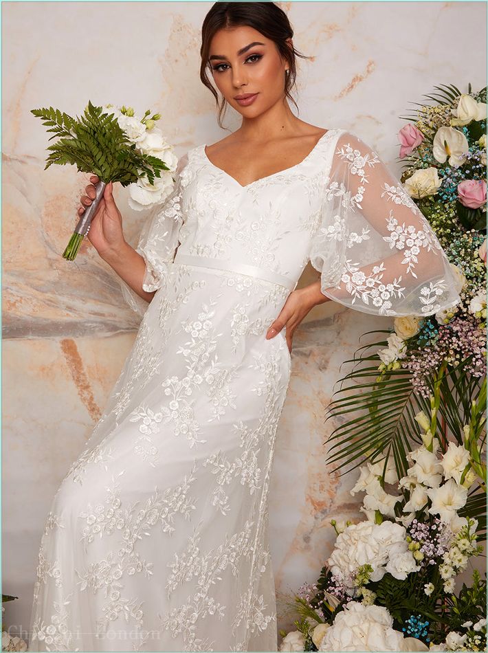  Flutter Sleeve Backless Lace Wedding Dress in White 71103WH