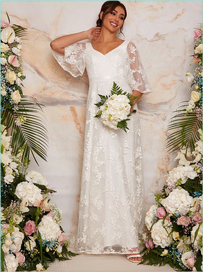  Flutter Sleeve Backless Lace Wedding Dress in White 71103WH