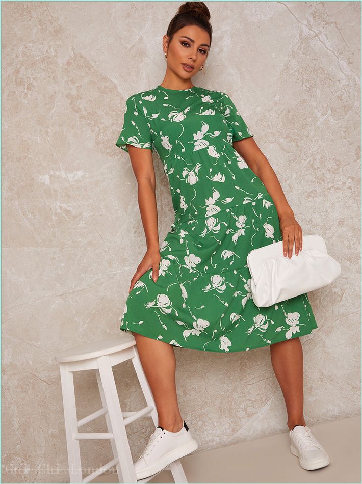  Flutter Sleeve Floral Print Midi Day Dress in Green SS21DD17GN