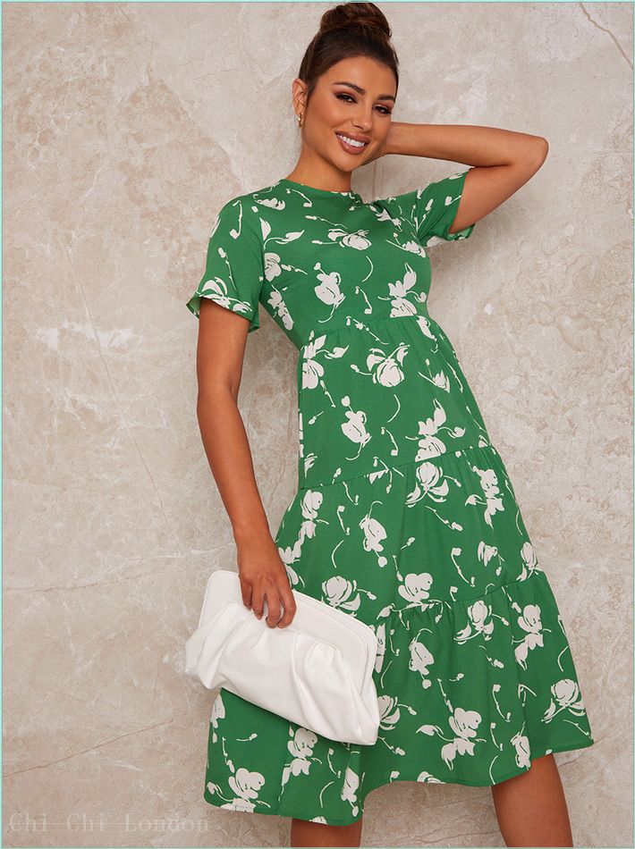  Flutter Sleeve Floral Print Midi Day Dress in Green SS21DD17GN