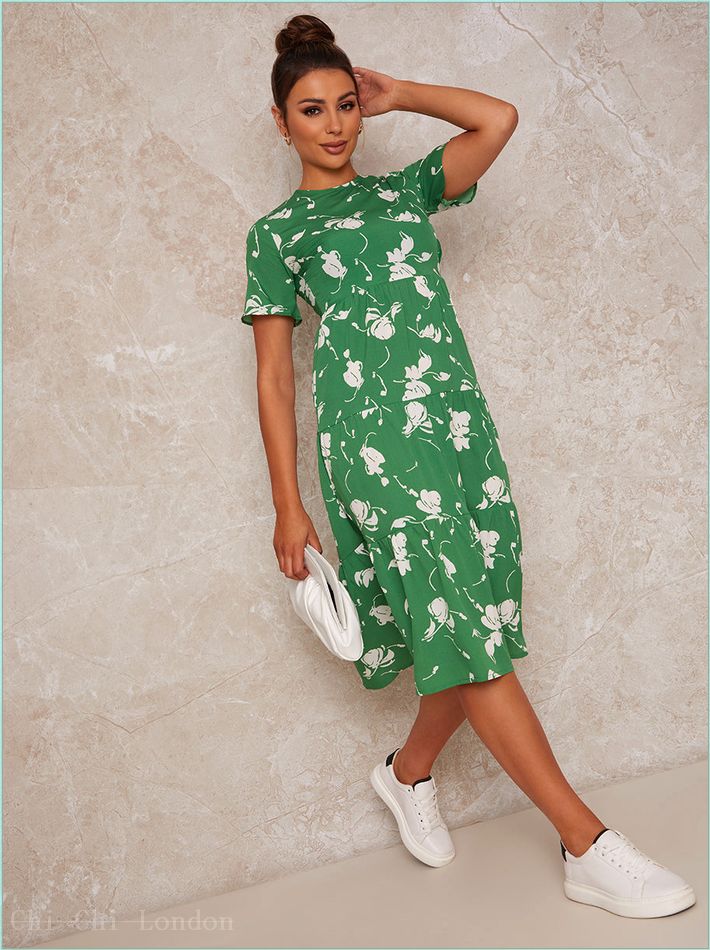  Flutter Sleeve Floral Print Midi Day Dress in Green SS21DD17GN