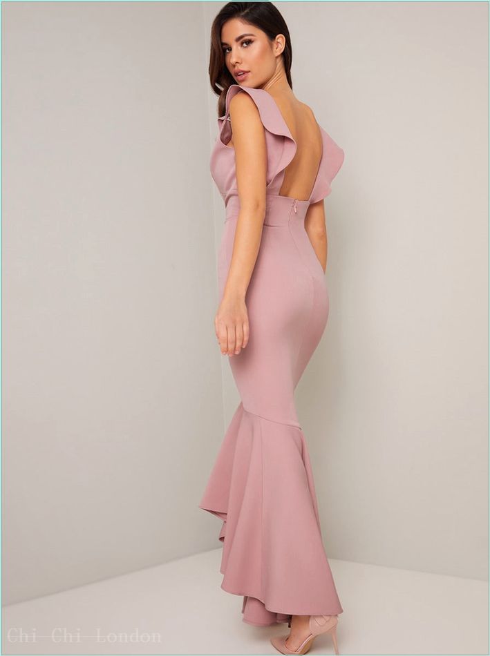  Frill Detail Bodycon Maxi Dip Hem Dress in Pink 1609MI