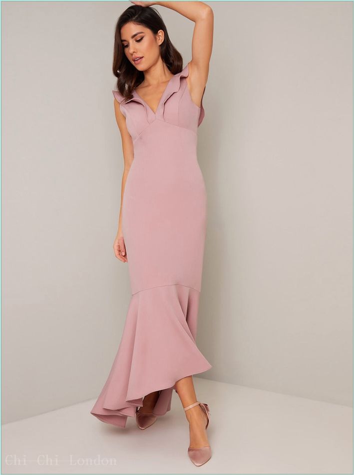  Frill Detail Bodycon Maxi Dip Hem Dress in Pink 1609MI