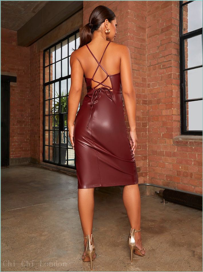  Halter Neck Bodycon Faux Leather Midi Dress in Wine EM5017WI