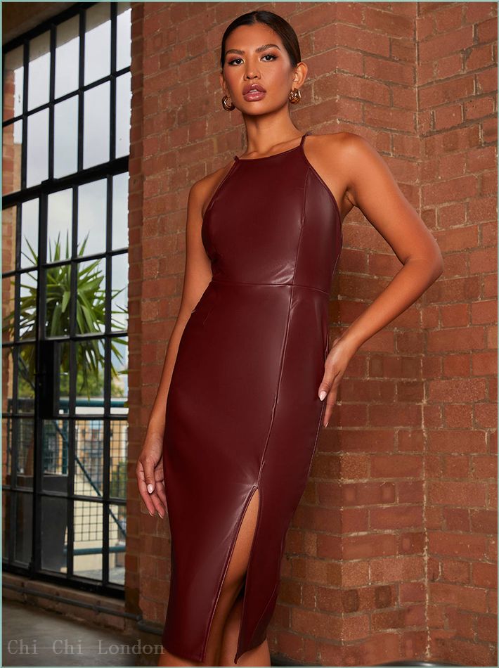  Halter Neck Bodycon Faux Leather Midi Dress in Wine EM5017WI