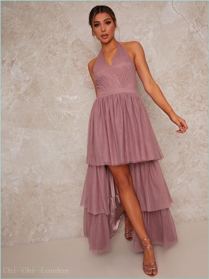  Halterneck Dip Hem Dress in Pink 90207MI