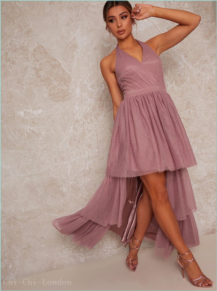  Halterneck Dip Hem Dress in Pink 90207MI