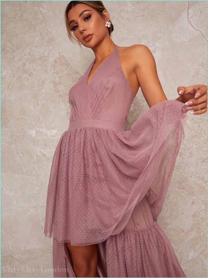  Halterneck Dip Hem Dress in Pink 90207MI