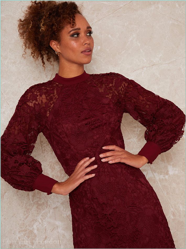  High Neck Long Sleeve Lace Crochet Mini Dress in Red 70923BUR