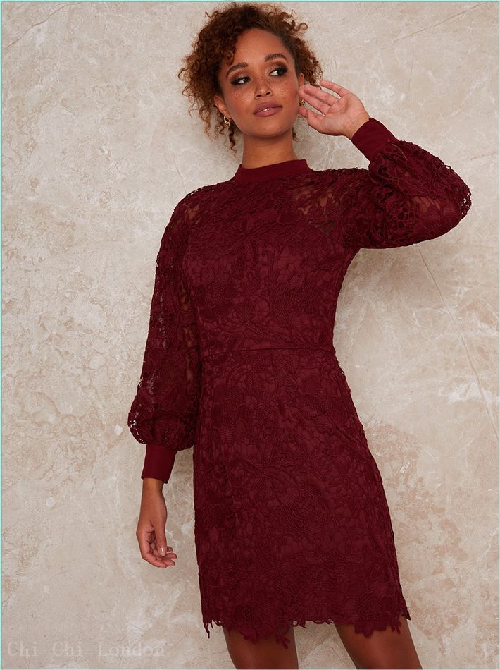  High Neck Long Sleeve Lace Crochet Mini Dress in Red 70923BUR