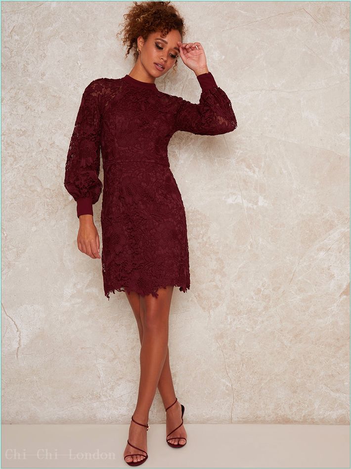  High Neck Long Sleeve Lace Crochet Mini Dress in Red 70923BUR