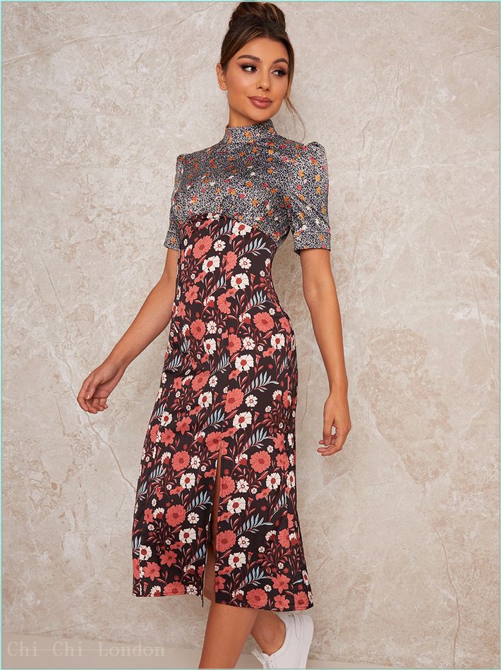  High Neck Short Sleeve Mix Floral Midi Dress in Black 70926BK