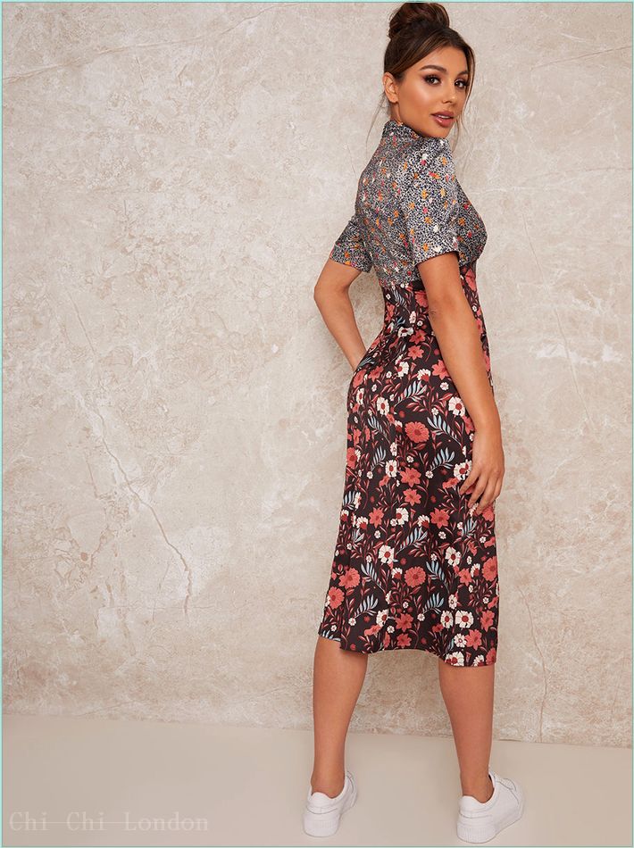  High Neck Short Sleeve Mix Floral Midi Dress in Black 70926BK