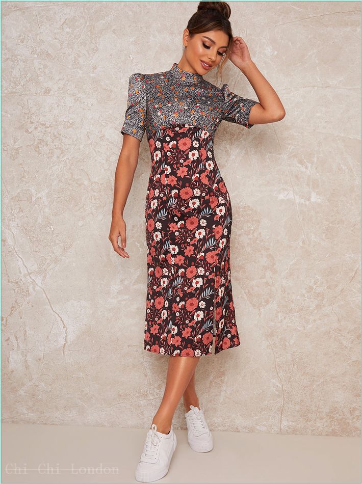  High Neck Short Sleeve Mix Floral Midi Dress in Black 70926BK