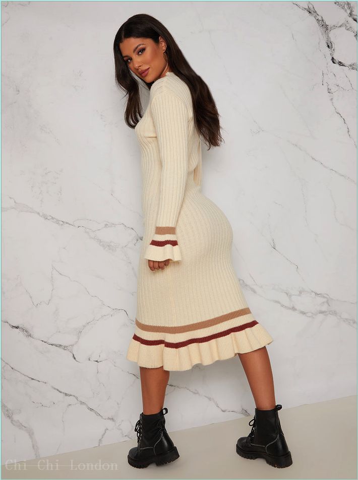  Knitted Jumper Dress with Ruffle Hem and Stripe Detail in Cream SA003CR