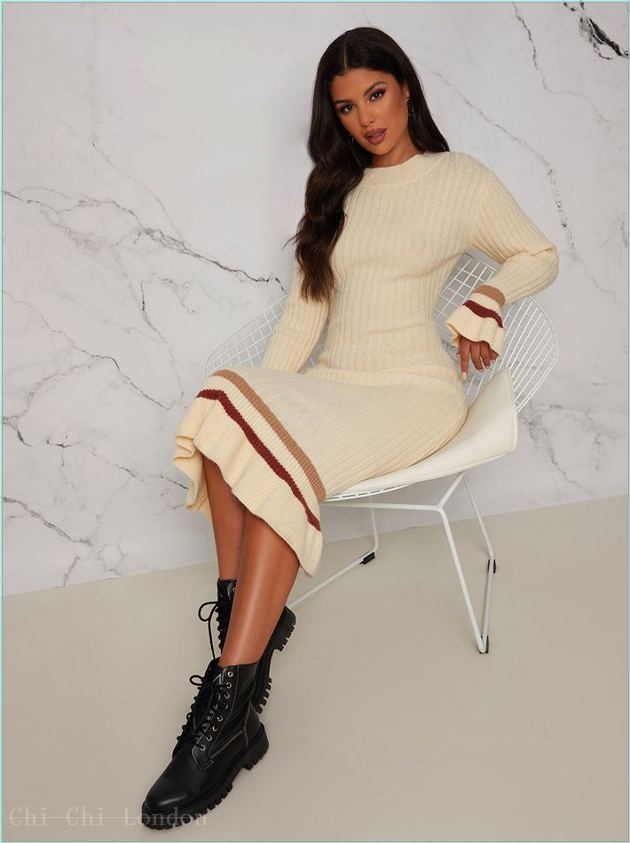  Knitted Jumper Dress with Ruffle Hem and Stripe Detail in Cream SA003CR