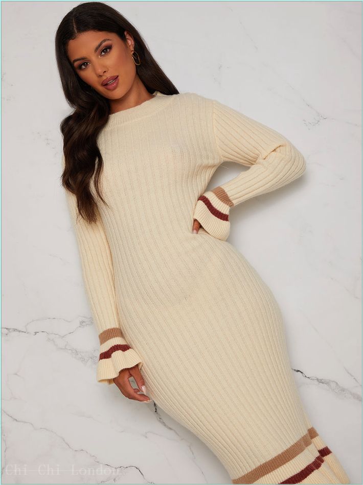  Knitted Jumper Dress with Ruffle Hem and Stripe Detail in Cream SA003CR