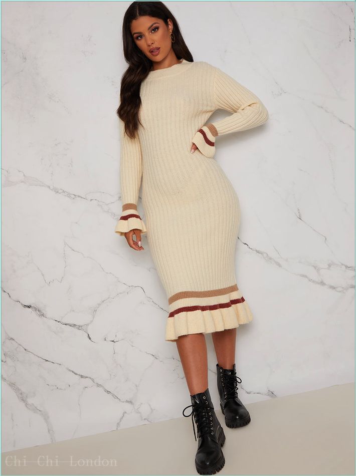  Knitted Jumper Dress with Ruffle Hem and Stripe Detail in Cream SA003CR