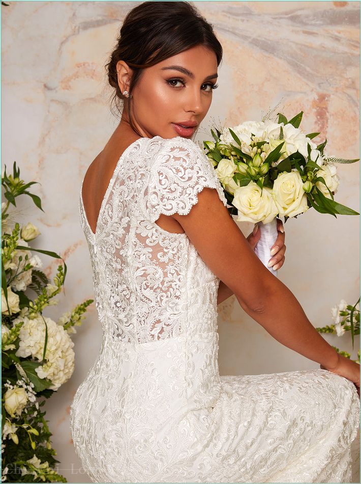  Lace Embellished Maxi Wedding Dress in White 80622WH