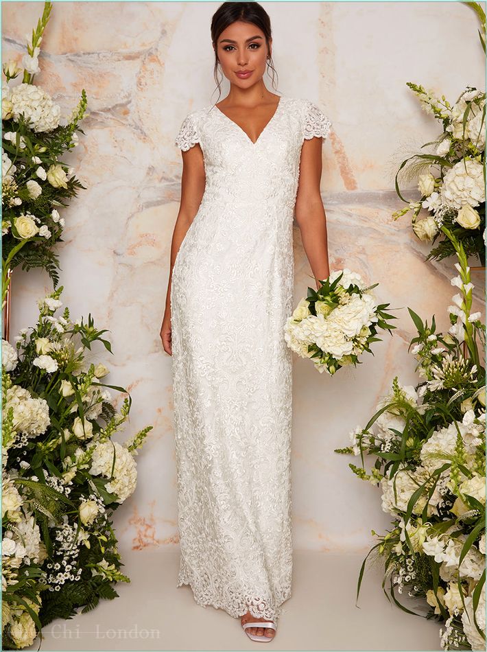  Lace Embellished Maxi Wedding Dress in White 80622WH