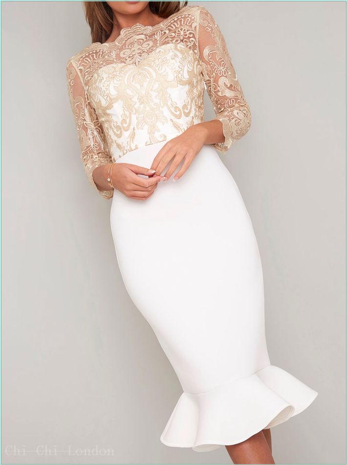  Lace Embroidered Bodice Bodycon Dress in White 4002NCR