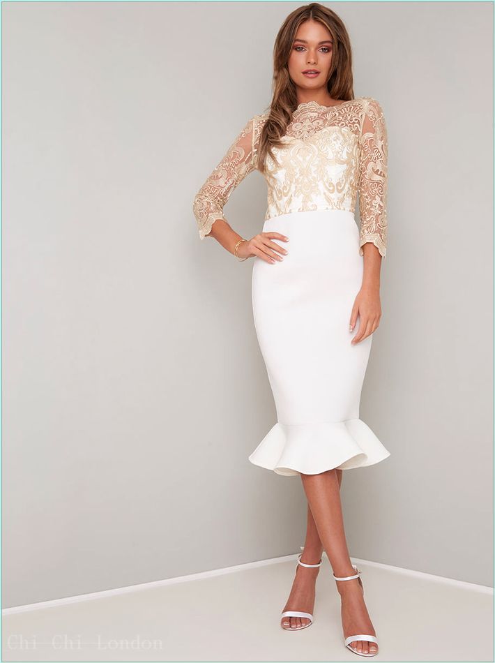  Lace Embroidered Bodice Bodycon Dress in White 4002NCR