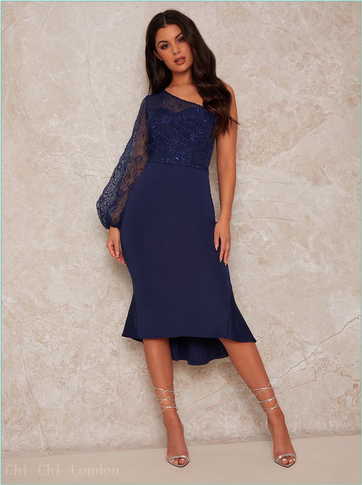  Lace Overlay Bodycon Peplum Hem Midi Dress in Navy 80455NB