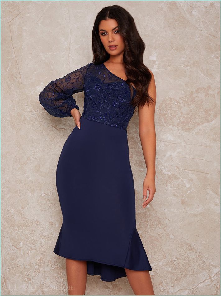  Lace Overlay Bodycon Peplum Hem Midi Dress in Navy 80455NB